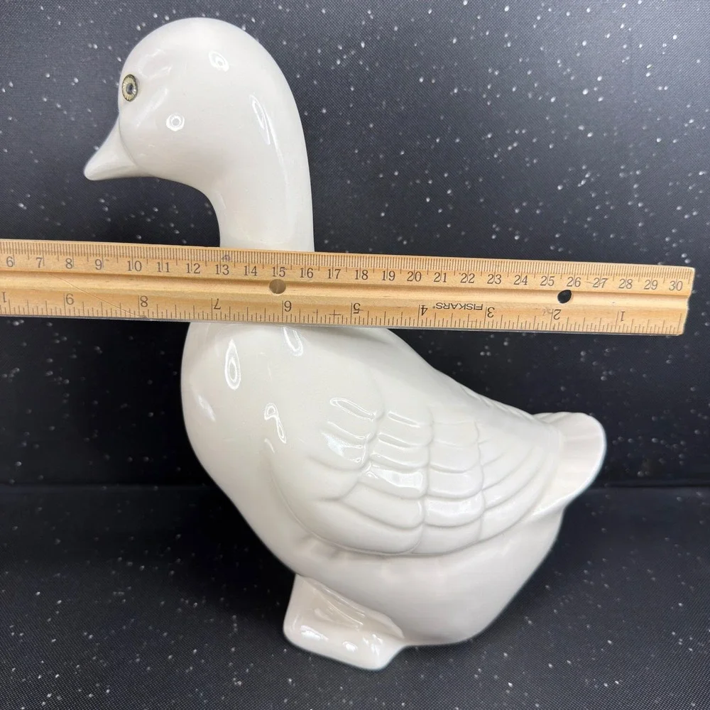 Lionstone Pottery White Ceramic Duck Figurine Glossy Bird Statue 10in Tall